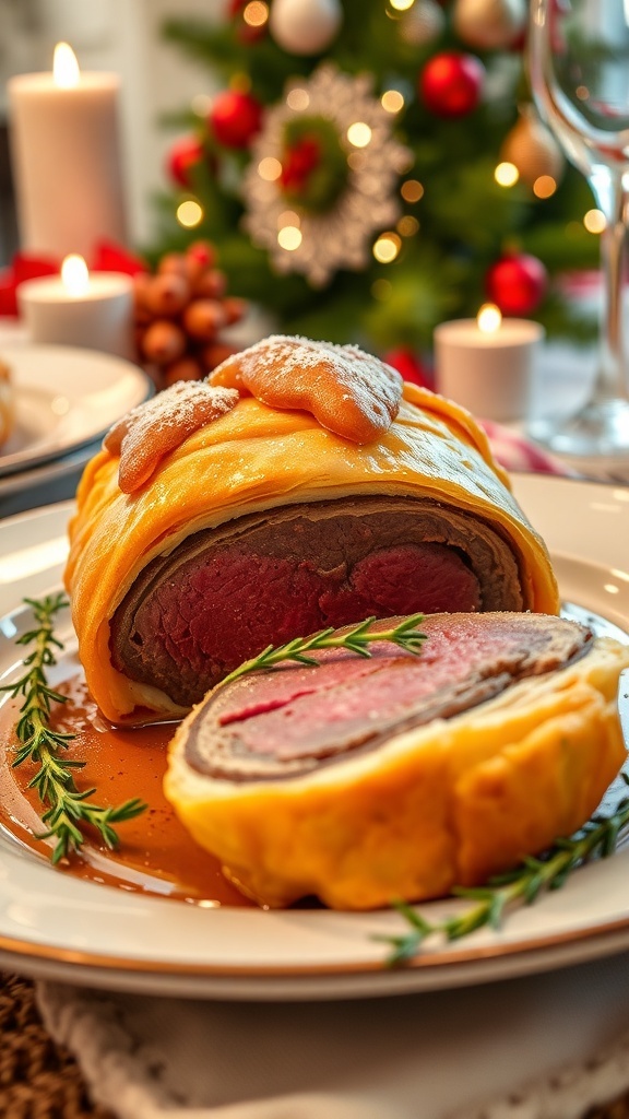 Savory Beef Wellington for Christmas Dinner A slice of Beef Wellington with golden pastry and tender beef, garnished with thyme on a festive table.